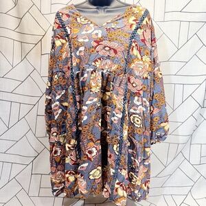 Rusttydustty Womens Dress‎ Plus 0X Boho V-Neck Floral Flowy Teal/Orange/Pink EUC